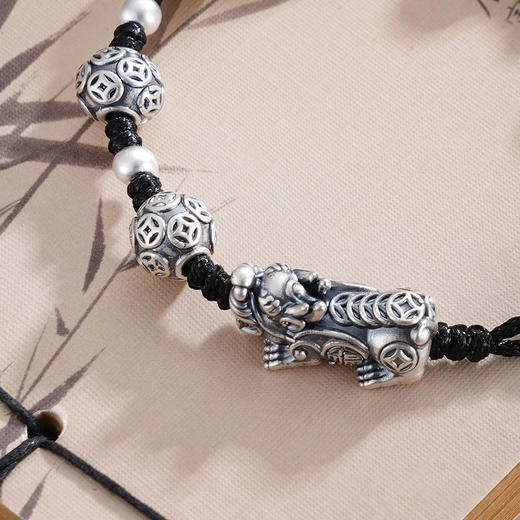 子佩集S999银【聚财灵兽】手链【SC001265】纯银仿古貔貅钱币黑绳2503 商品图10