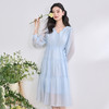 西遇法式薄纱长袖连衣裙女新款蓝色a字收腰v领长裙D0050489 商品缩略图1