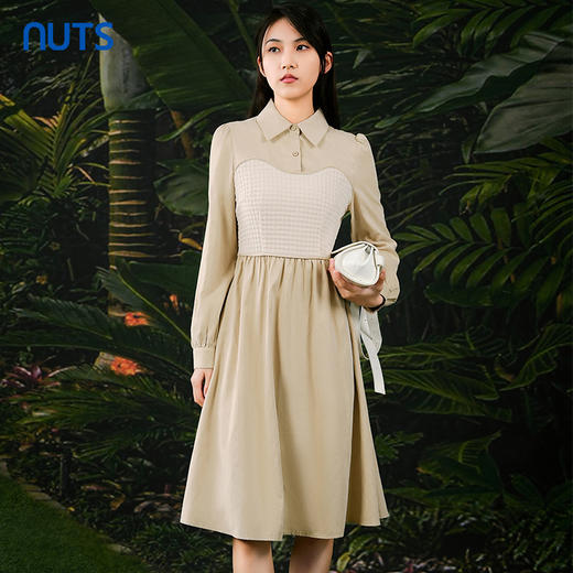 NUTS春秋季新款杏色气质高腰拼接长袖衬衫连衣裙女411102435 商品图0