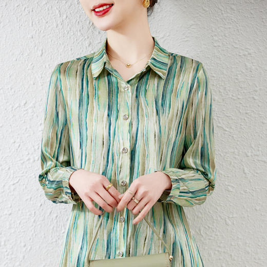 KQ-28506弹力缎重磅真丝衬衫女长袖2025年春装新款时尚品牌桑蚕丝印花上衣 商品图3