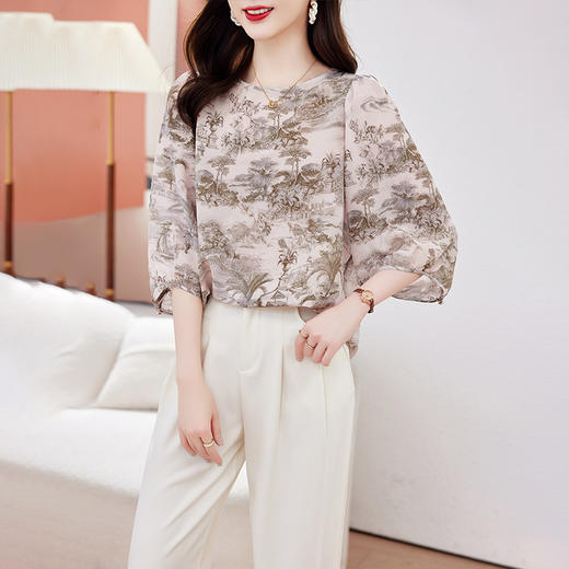 KQ-A21823透气双绉真丝上衣女七分袖夏桑蚕丝T恤衫气质圆领小衫 商品图0