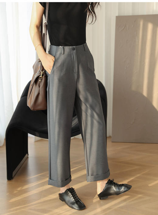 松弛感！通勤铜氨丝精纺羊毛条纹翻边高腰裤！2025宽松直筒阔腿裤西裤女春夏款！ 商品图6