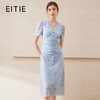 EITIE爱特爱水蓝色典雅质感花边V领镂空蕾丝连衣裙2025年夏季新款B2507662 商品缩略图0