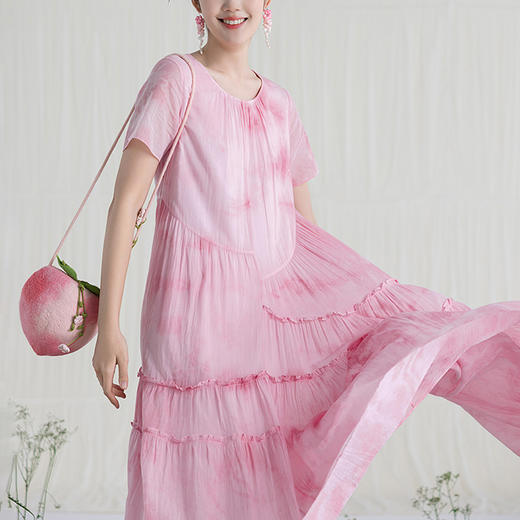 【林栖设计小店】（现货）婴儿棉植物染连衣裙宽松粉色栀子黄显瘦2025夏季新品短袖长裙女1912230B 商品图6