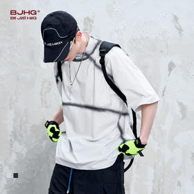 【刘骏同款】BJHG不计后果 拼接t恤短袖男款夏季潮牌美式速干防晒运动立领半袖