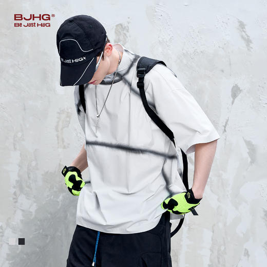 【刘骏同款】BJHG不计后果 拼接t恤短袖男款夏季潮牌美式速干防晒运动立领半袖 商品图0