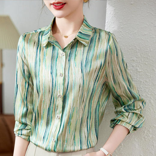KQ-28506弹力缎重磅真丝衬衫女长袖2025年春装新款时尚品牌桑蚕丝印花上衣 商品图0