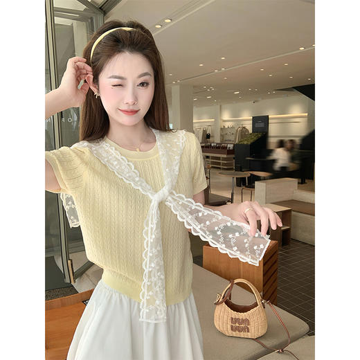 <曾小咸推荐>蕾丝披肩黄色短袖针织T恤 商品图0