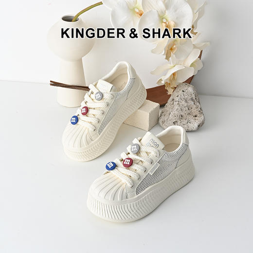 经典鲨2025年夏季款牛皮革贝壳头厚底显高系带透气休闲鞋女KW142-529091 商品图0