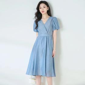 【高货sh】全新升级【铂金会员266/天猫359/差价93】(13236) 洛诗琳2025夏季法式V领收腰系带茶歇裙蓝色天丝提花连衣裙