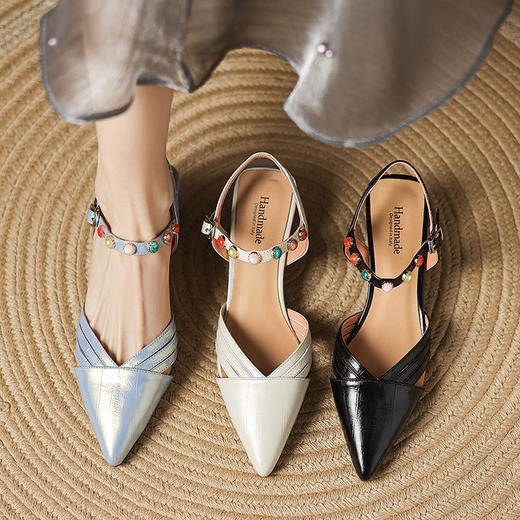 【预售5天】兰色尖头凉鞋女款夏季高跟鞋女粗跟镂空法式气质一字带包头单鞋女LD&7346 商品图1