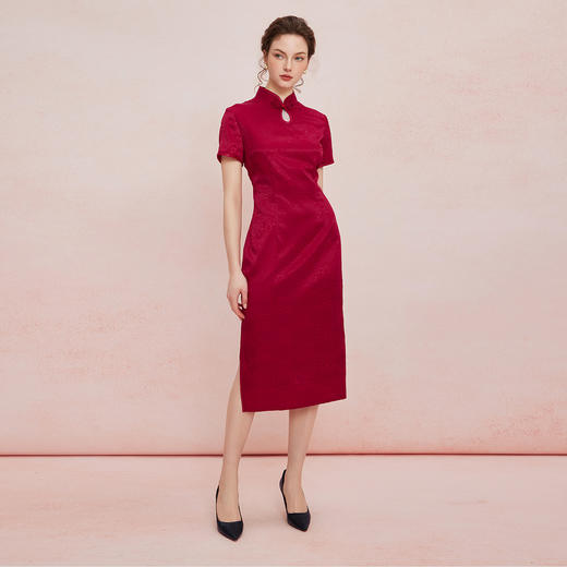 QF817斯尔丽2025新款宴会优雅复古修身复古鳞纹中长款旗开得胜旗袍 商品图3