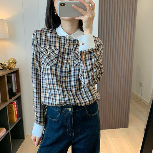 法奢CE家！2025春夏季女装复古减龄天丝娃娃领撞色格子衬衫长袖气质上衣！ 商品图1