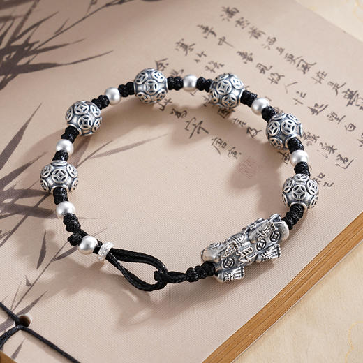 子佩集S999银【聚财灵兽】手链【SC001265】纯银仿古貔貅钱币黑绳2503 商品图6