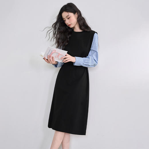 设计感拼接假两件衬衫针织卫衣裙女连衣裙配腰带V0350177 商品图2