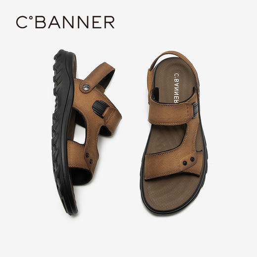 千百度男鞋牛皮休闲凉鞋度假厚底舒适露趾沙滩凉鞋A25311112 商品图4