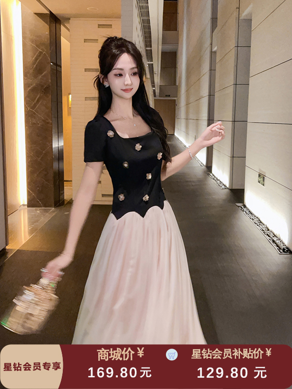 张心子【瑰丽酒会】名媛风方领波浪拼接纱裙连衣裙 U2504031