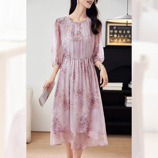 宽松系带垂顺16姆米，桑蚕丝乔其纱真丝连衣裙KQN- PZ09186 商品图0