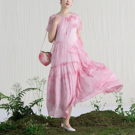 【林栖设计小店】（现货）婴儿棉植物染连衣裙宽松粉色栀子黄显瘦2025夏季新品短袖长裙女1912230B 商品图5