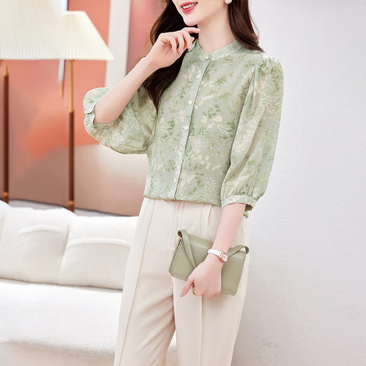 KQ-506015夏季新款五分袖真丝花色上衣女士时尚桑蚕丝小衫宽松舒适 商品图1