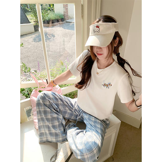 <曾小咸推荐>韩系蕾丝高腰蓝色格子休闲裤 商品图3