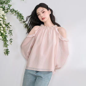 气质优雅莱赛尔露肩重工立体花边领口衬衫女衬衣V0450100