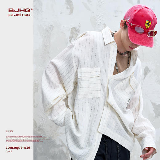 BJHG不计后果条纹衬衫外套男款夏季2025新款轻薄美式复古长袖衬衣 商品图1