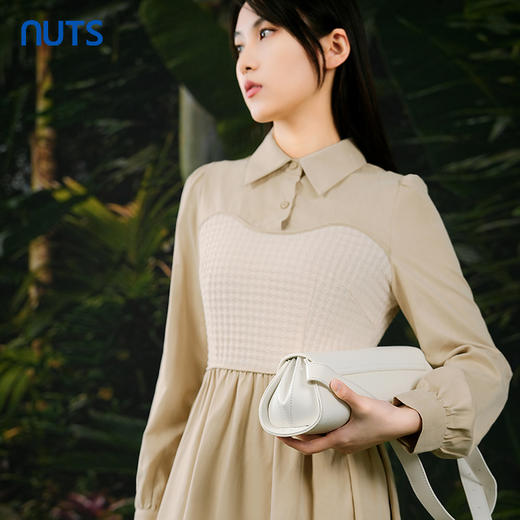 NUTS春秋季新款杏色气质高腰拼接长袖衬衫连衣裙女411102435 商品图1