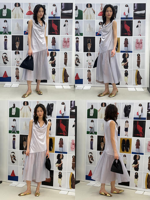 HIDEMI云雾紫极简设计感堆堆领柔光缎面韩国进口纱线不对称剪裁拼接式连衣裙长裙 商品图1