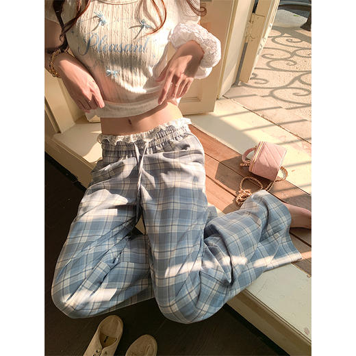 <曾小咸推荐>韩系蕾丝高腰蓝色格子休闲裤 商品图1