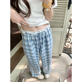 <曾小咸推荐>韩系蕾丝高腰蓝色格子休闲裤