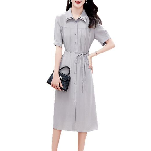 KQ-P09096茶歇法式桔梗复古真丝气质收腰显瘦翻领蓝条衬衫连衣裙女夏桑蚕丝 商品图4