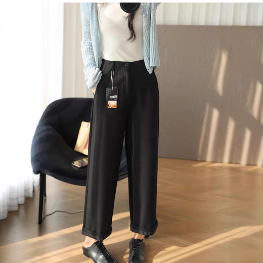 松弛感！通勤铜氨丝精纺羊毛条纹翻边高腰裤！2025宽松直筒阔腿裤西裤女春夏款！ 商品图2