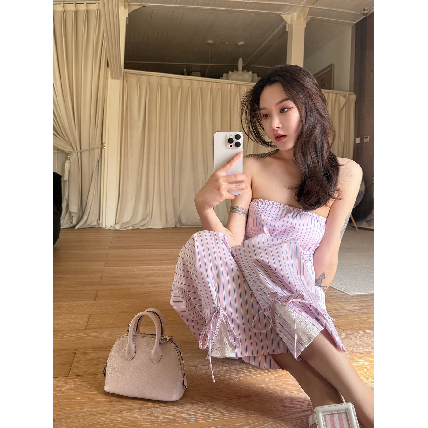 DUO智仙生 粉标 白女美学套装粉红条纹抹胸和阔腿裤