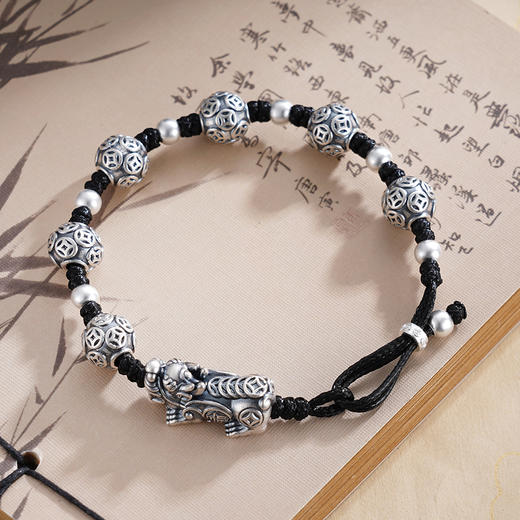 子佩集S999银【聚财灵兽】手链【SC001265】纯银仿古貔貅钱币黑绳2503 商品图9