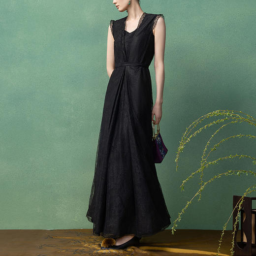 【林栖设计小店】（现货）走秀同款真丝香云纱连衣裙蕾丝无袖收腰2025夏季新品女裙1952374 商品图0