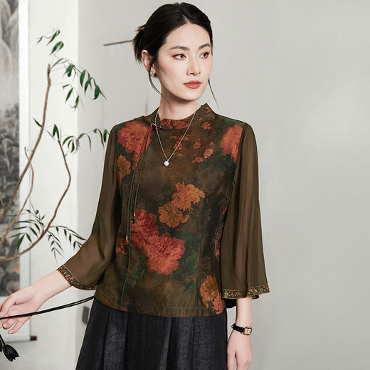 KQ-54828+54827气质夏装衬衫女唐装中国风套裙真丝两件套装 商品图1