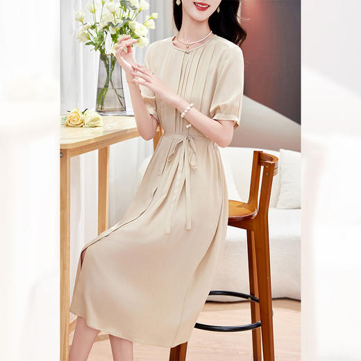 KQ-P09080     03双绉真丝法式气质端庄大气质桑蚕丝短袖连衣裙子女夏季显瘦裙子 商品图0