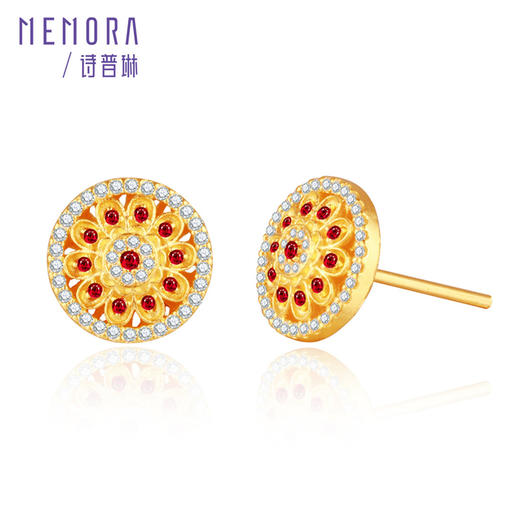 【热卖臻品】芳华-美人如花红宝石耳饰 莲花足金黄金钻石耳环女士礼物MEMORA诗普琳LE489601 商品图1