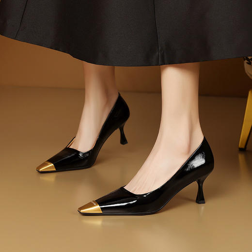 【预售5天】金属头高跟鞋女黑色春新款方头漆皮性感法式灰色气质细跟单鞋MLS&1001 商品图2