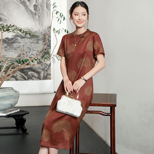 复古中式改良旗袍裙，文艺斜襟立领香云纱真丝短袖连衣裙子KQN-54830 商品图2