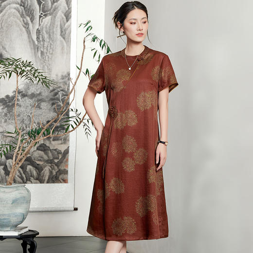 复古中式改良旗袍裙，文艺斜襟立领香云纱真丝短袖连衣裙子KQN-54830 商品图0