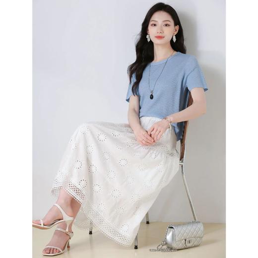 【高货sh】全新升级【铂金会员192/天猫259/差价67】(12930) 洛诗琳25夏季法式浪漫白色刺绣蕾丝镂空松紧腰A字半身裙 商品图2