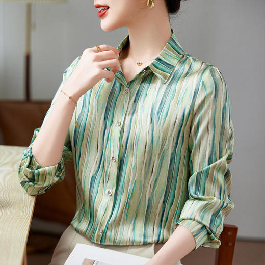 KQ-28506弹力缎重磅真丝衬衫女长袖2025年春装新款时尚品牌桑蚕丝印花上衣 商品图1