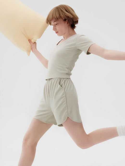 【凉感天丝】官网259/299！莱赛尔天丝精梳棉短袖短裤U领带胸垫短款T恤休闲宽松睡衣裤家居服 商品图2