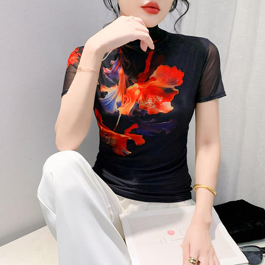 时尚洋气印花定位花短袖网纱设计感上衣K-A55F8636 商品图1