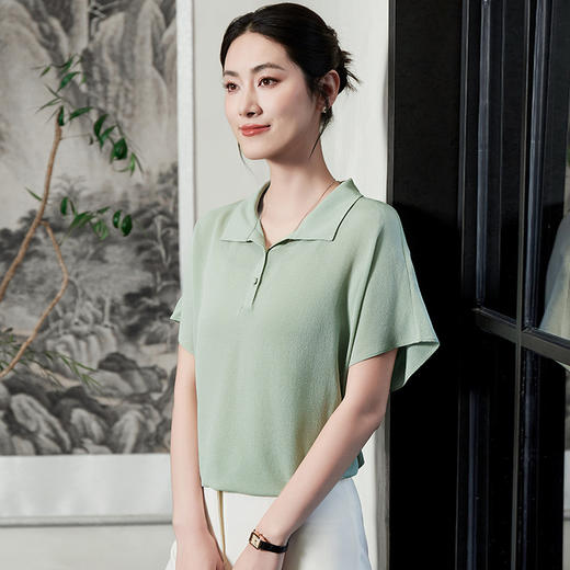 KQ-54832真丝短袖女装t恤夏季2025小个子港风短款polo上衣.桑蚕丝衬衫时尚 商品图1