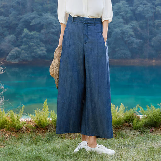 玳莎天丝亚麻牛仔蓝九分裤女2025年夏季新款宽松显瘦百搭休闲裤  FB36309 商品图0