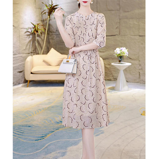 KQ-TP09056双绉真丝连衣裙2025新夏季中袖印花收腰系带碎花桑蚕丝中长款裙子 商品图1