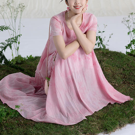 【林栖设计小店】（现货）婴儿棉植物染连衣裙宽松粉色栀子黄显瘦2025夏季新品短袖长裙女1912230B 商品图7